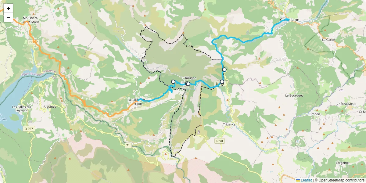Carte du réseau de transport en commun à Rougon - lignes de bus et arrêts