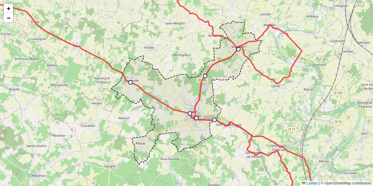 Carte du réseau de transport en commun à Rouillac - lignes de bus et arrêts