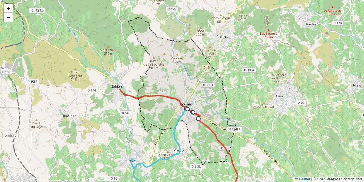 Carte du réseau de transport en commun à Roujan - lignes de bus et arrêts