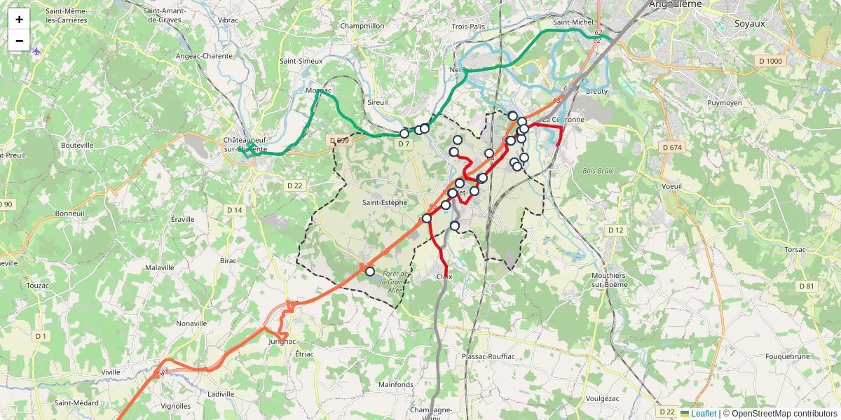 Carte du réseau de transport en commun à Roullet-Saint-Estèphe - lignes de bus et arrêts