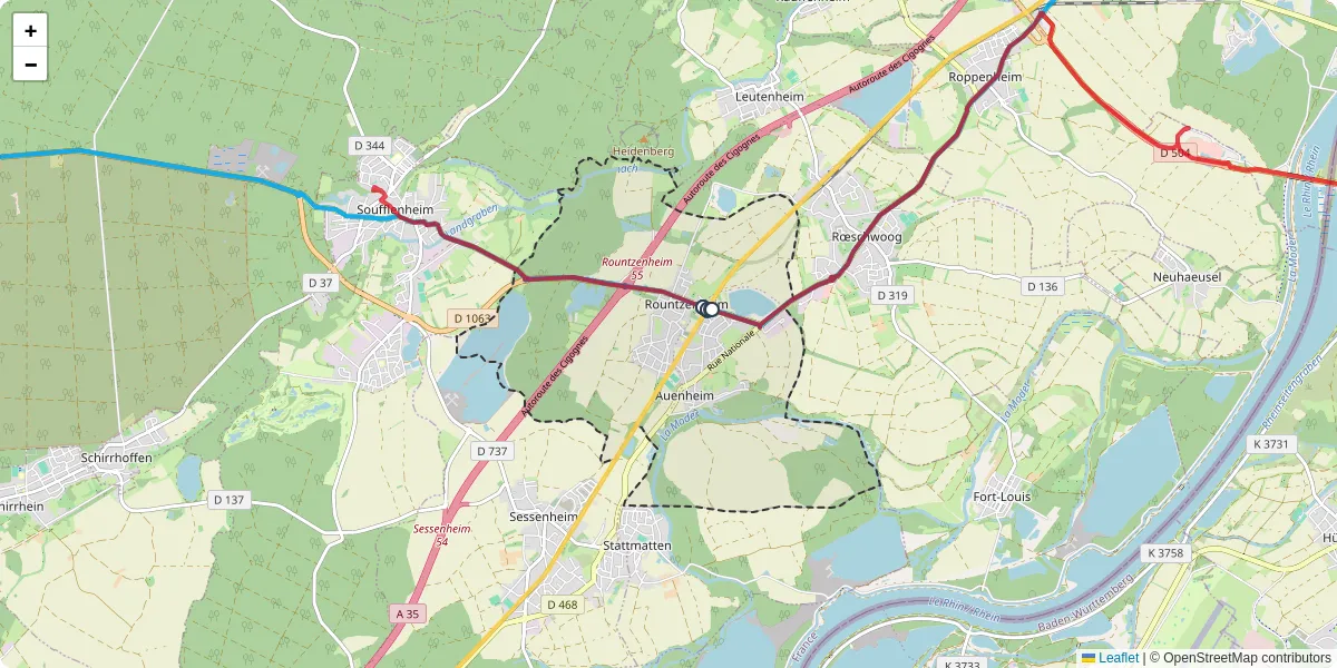 Carte du réseau de transport en commun à Rountzenheim-Auenheim - lignes de bus et arrêts