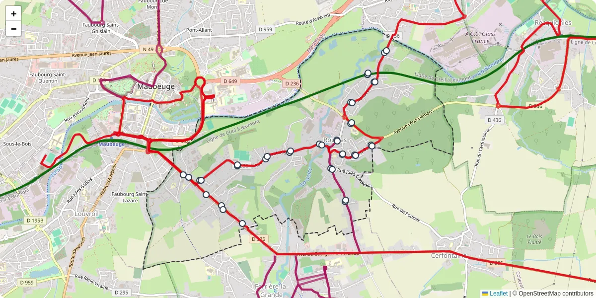 Carte du réseau de transport en commun à Rousies - lignes de bus et arrêts