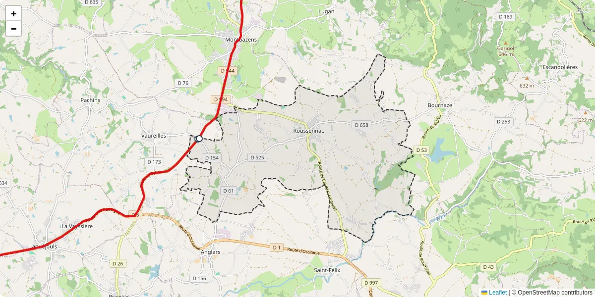 Carte du réseau de transport en commun à Roussennac - lignes de bus et arrêts
