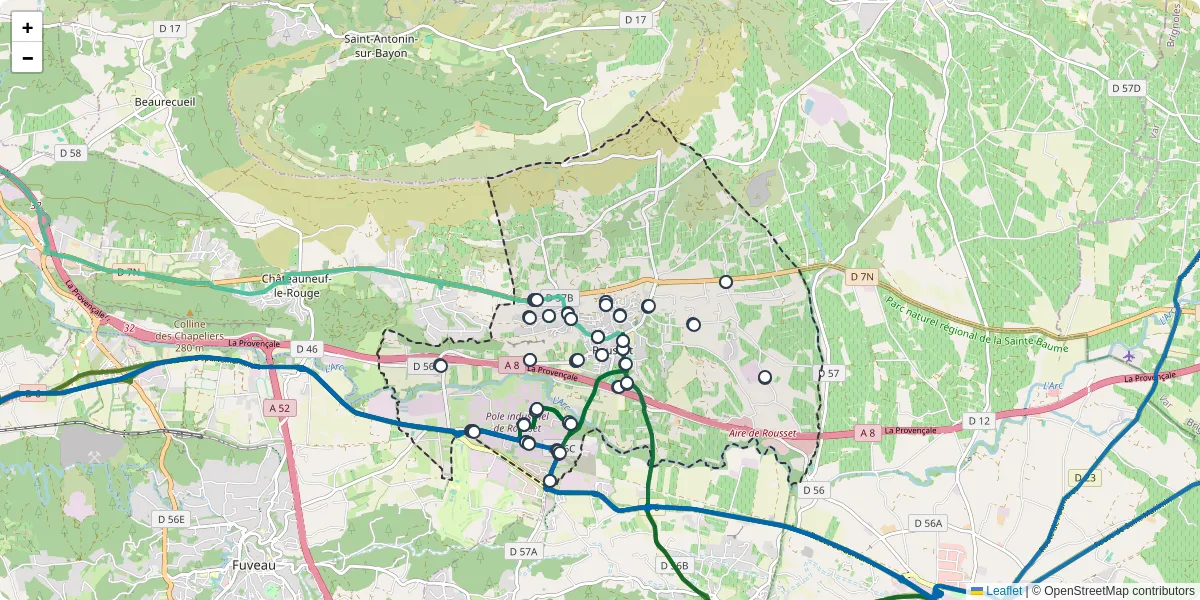 Carte du réseau de transport en commun à Rousset - lignes de bus et arrêts