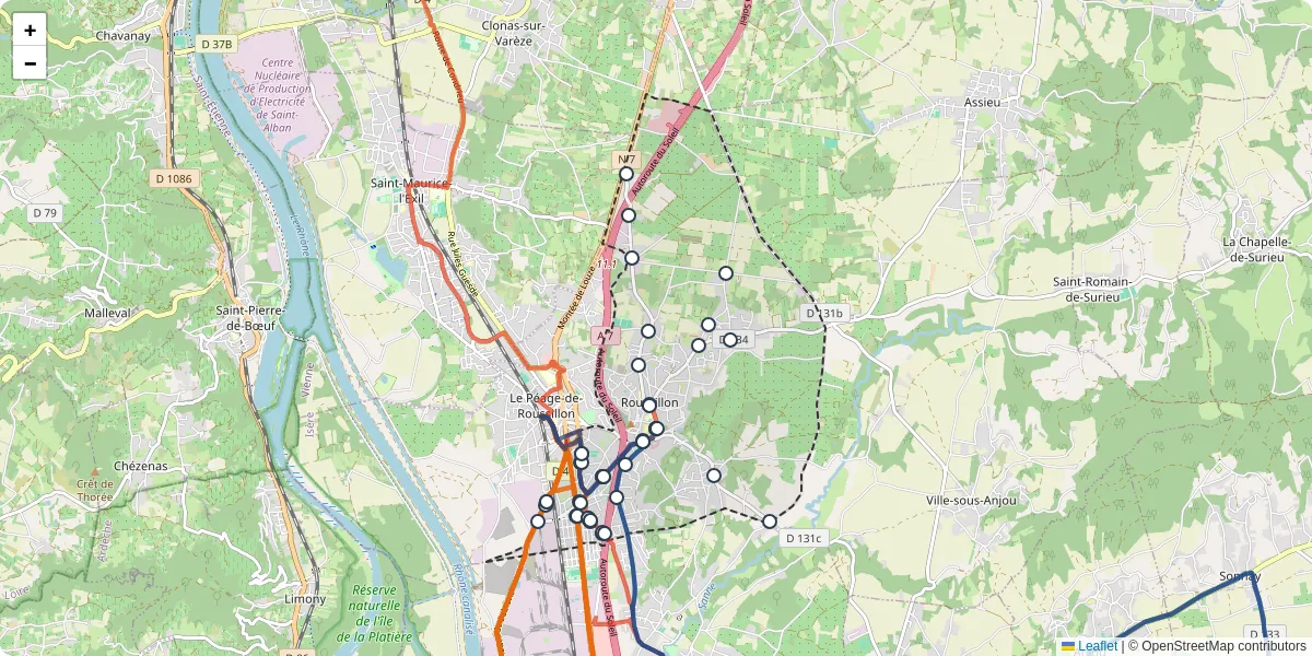Carte du réseau de transport en commun à Roussillon - lignes de bus et arrêts