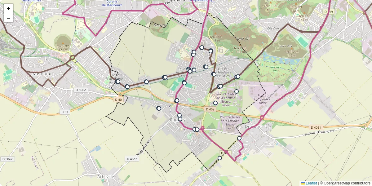 Carte du réseau de transport en commun à Rouvroy - lignes de bus et arrêts
