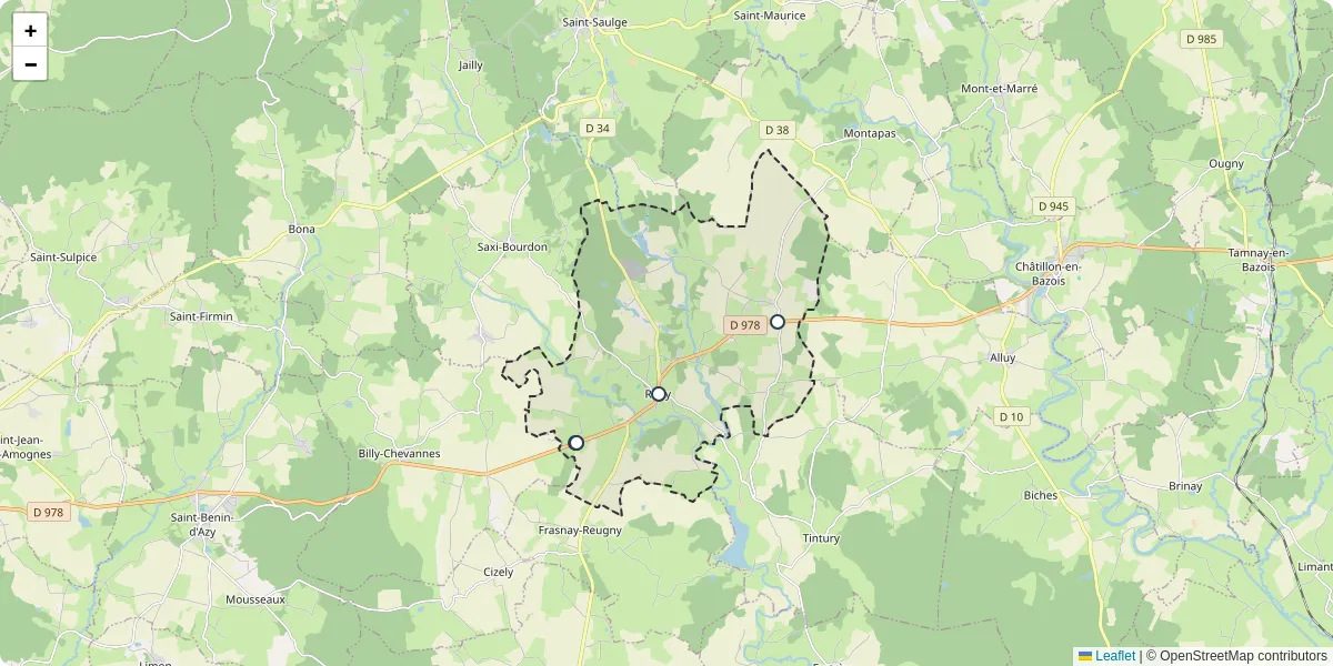 Carte du réseau de transport en commun à Rouy - lignes de bus et arrêts