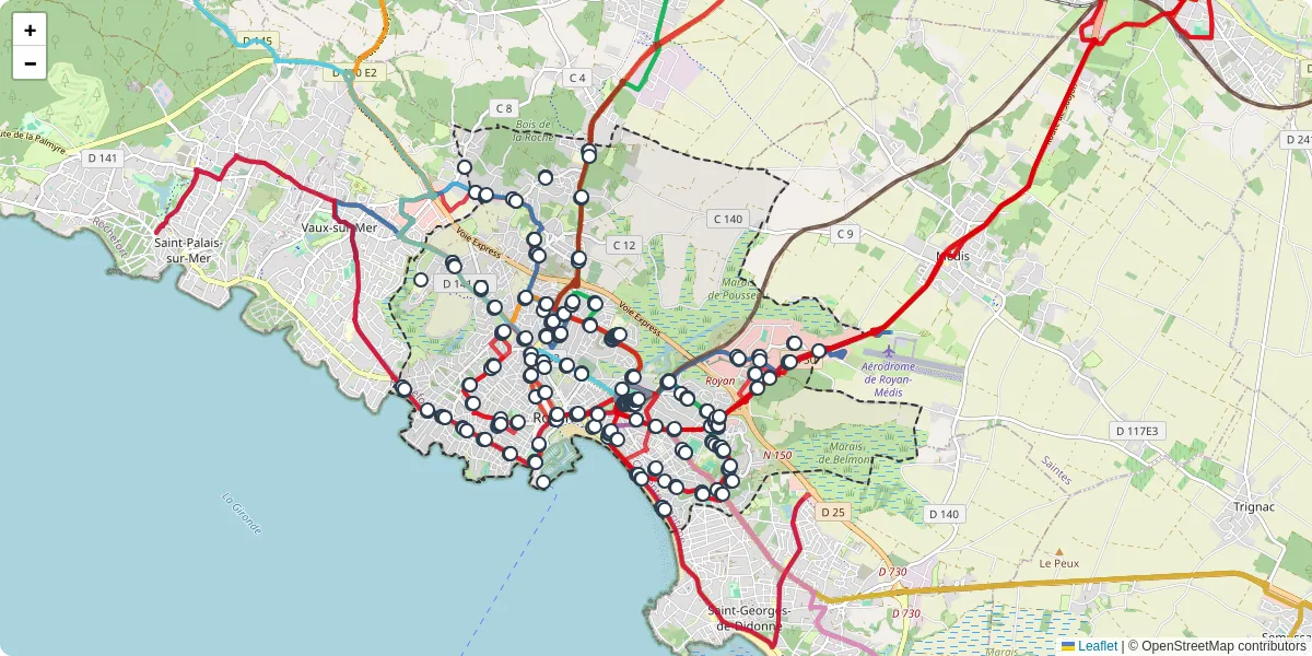 Carte du réseau de transport en commun à Royan - lignes de bus et arrêts