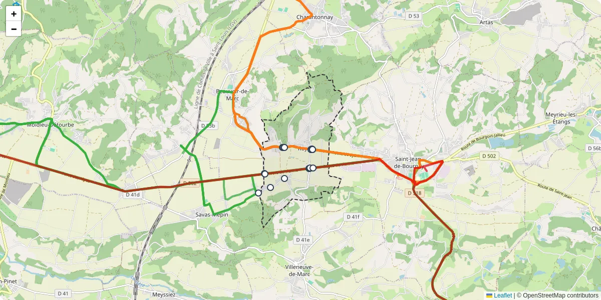 Carte du réseau de transport en commun à Royas - lignes de bus et arrêts