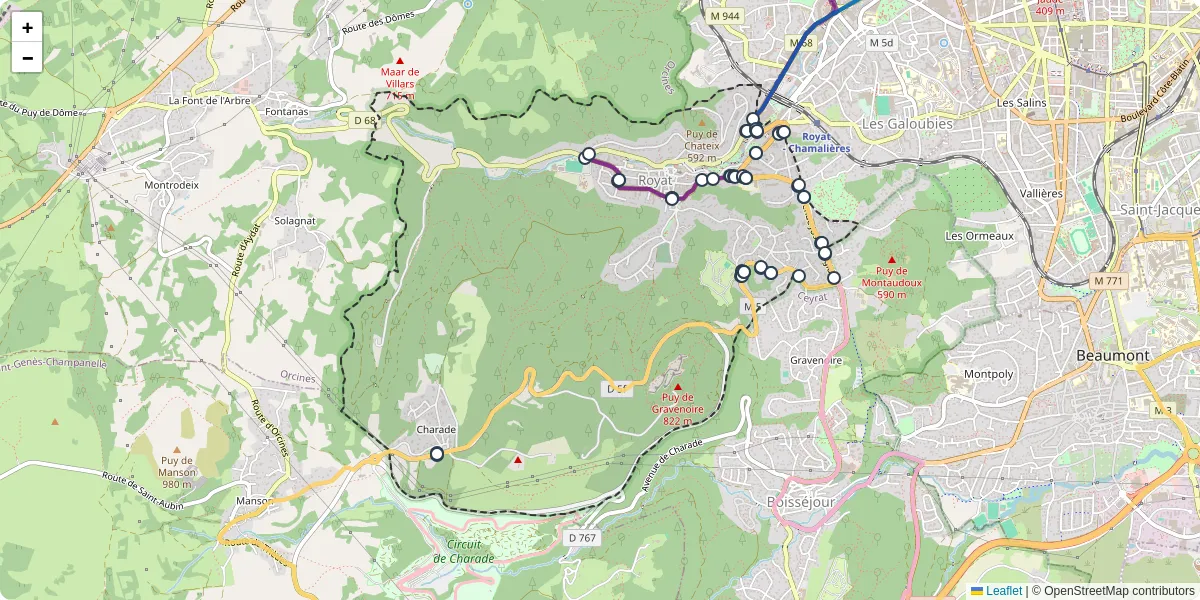 Carte du réseau de transport en commun à Royat - lignes de bus et arrêts