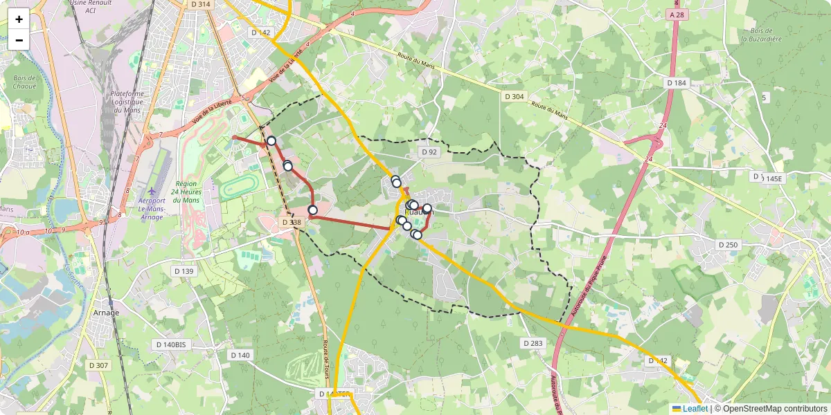 Carte du réseau de transport en commun à Ruaudin - lignes de bus et arrêts