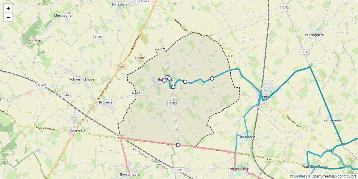 Carte du réseau de transport en commun à Rubrouck - lignes de bus et arrêts