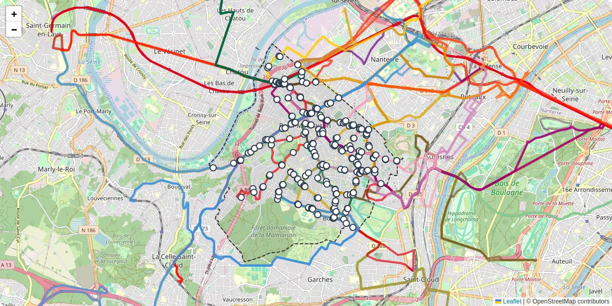 Carte du réseau de transport en commun à Rueil-Malmaison - lignes de bus et arrêts