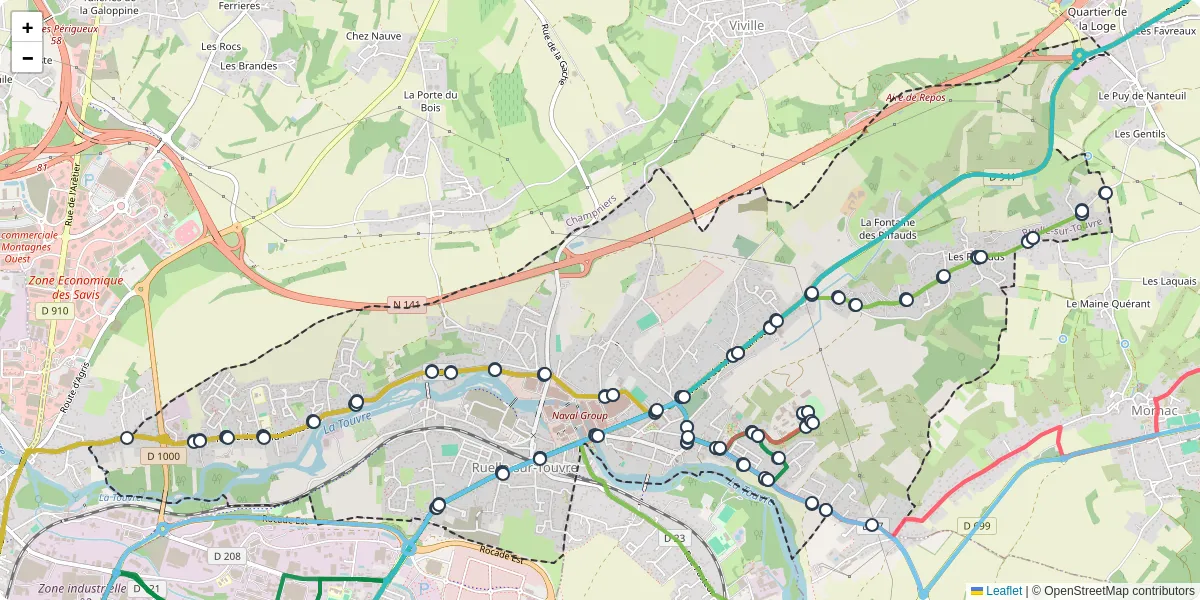 Carte du réseau de transport en commun à Ruelle-sur-Touvre - lignes de bus et arrêts