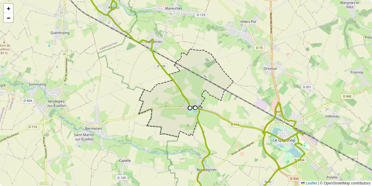 Carte du réseau de transport en commun à Ruesnes - lignes de bus et arrêts