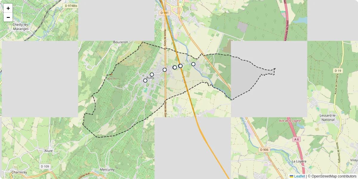 Carte du réseau de transport en commun à Rully - lignes de bus et arrêts