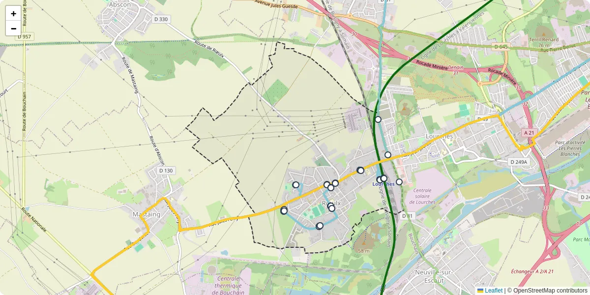 Carte du réseau de transport en commun à Rœulx - lignes de bus et arrêts