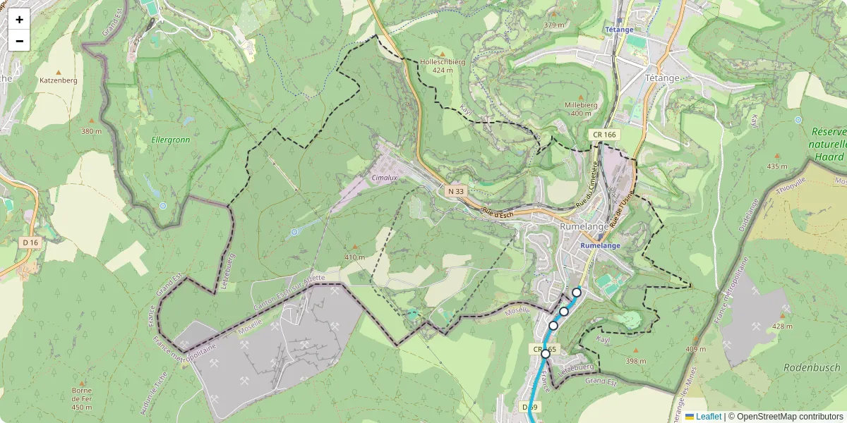 Carte du réseau de transport en commun à Rumelange - lignes de bus et arrêts