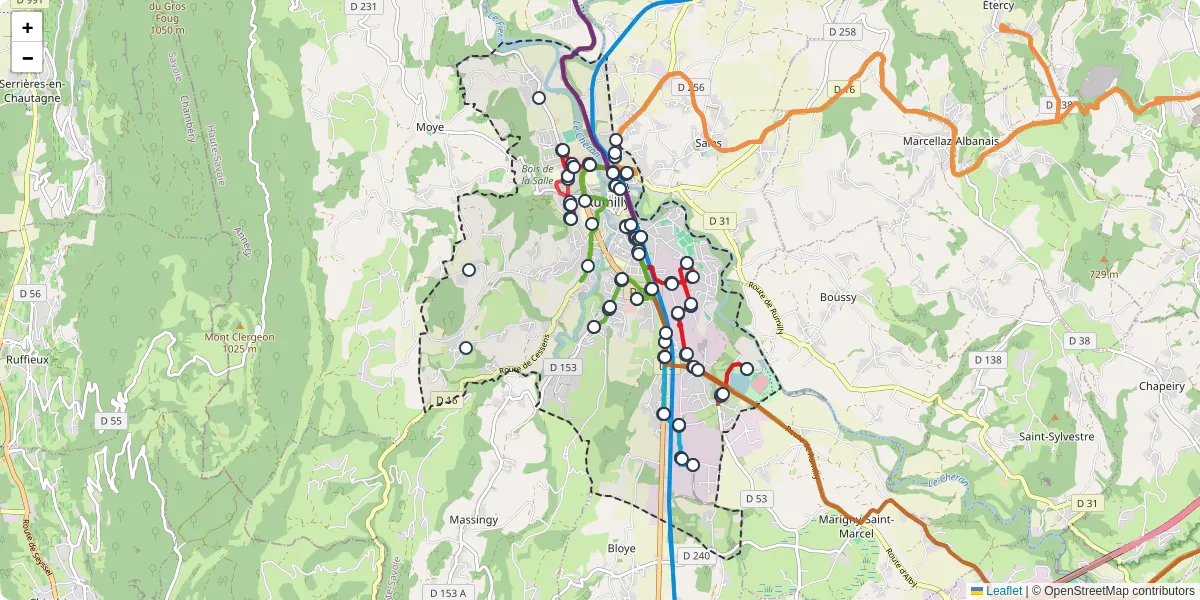 Carte du réseau de transport en commun à Rumilly - lignes de bus et arrêts