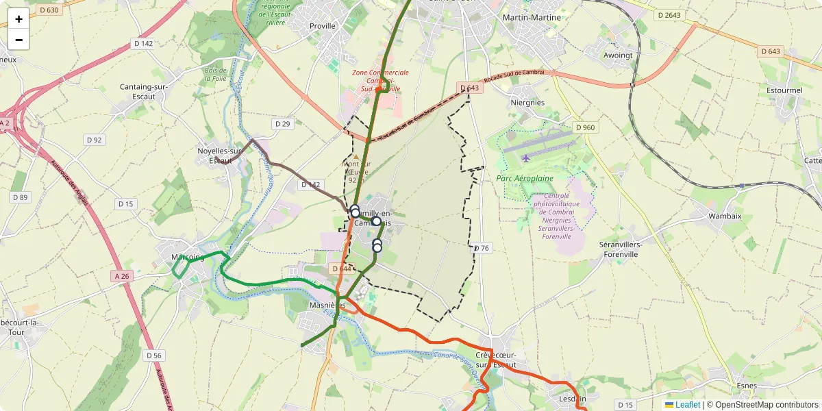 Carte du réseau de transport en commun à Rumilly-en-Cambrésis - lignes de bus et arrêts