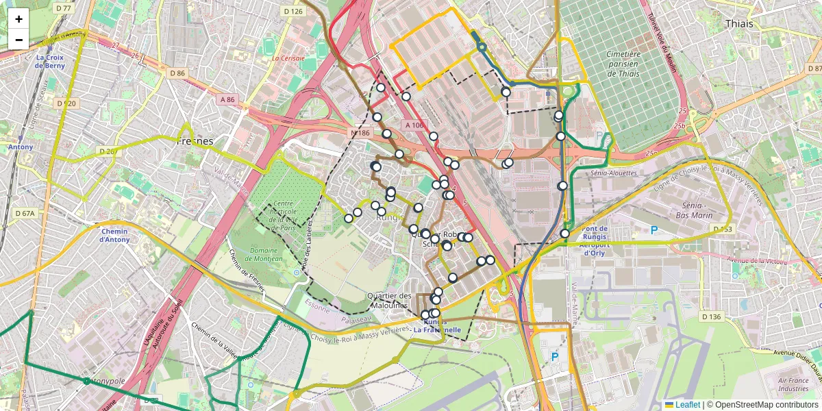 Carte du réseau de transport en commun à Rungis - lignes de bus et arrêts