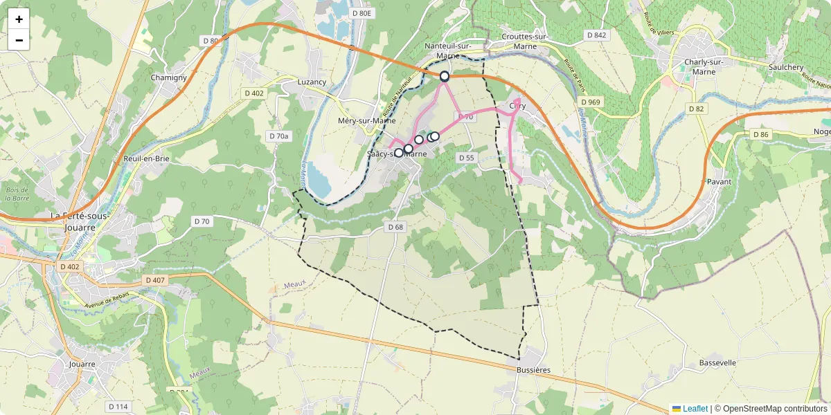 Carte du réseau de transport en commun à Saâcy-sur-Marne - lignes de bus et arrêts