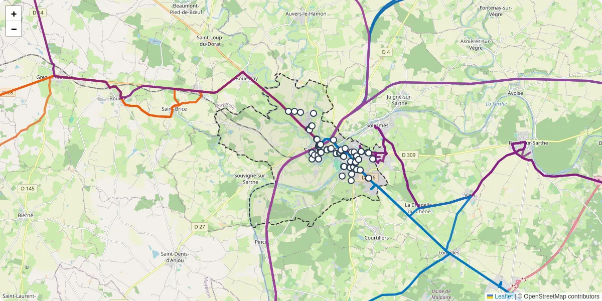 Carte du réseau de transport en commun à Sablé-sur-Sarthe - lignes de bus et arrêts