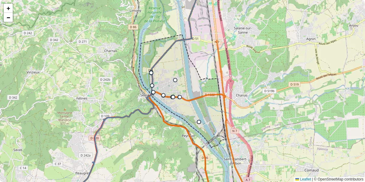 Carte du réseau de transport en commun à Sablons - lignes de bus et arrêts
