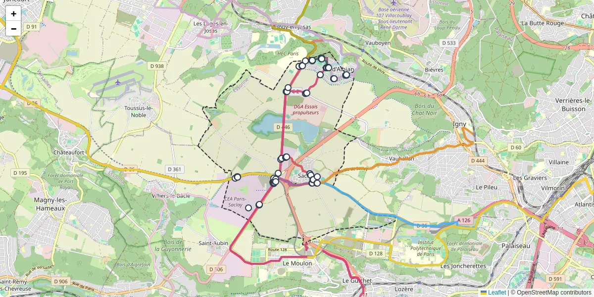 Carte du réseau de transport en commun à Saclay - lignes de bus et arrêts