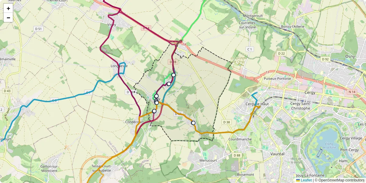 Carte du réseau de transport en commun à Sagy - lignes de bus et arrêts