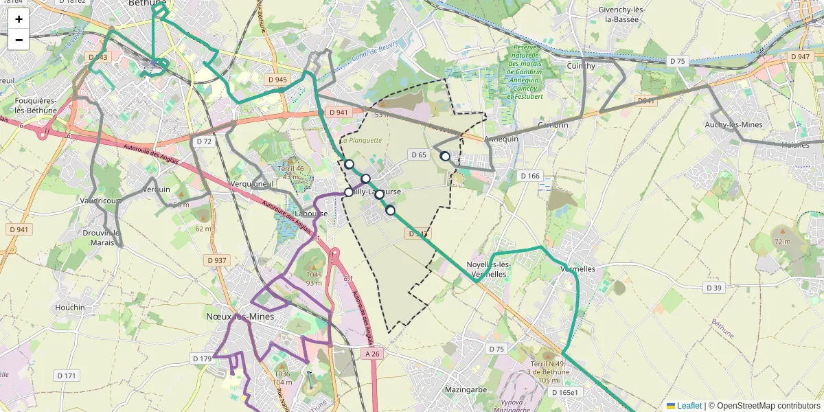 Carte du réseau de transport en commun à Sailly-Labourse - lignes de bus et arrêts