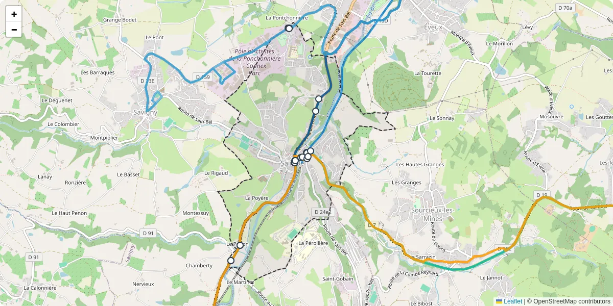 Carte du réseau de transport en commun à Sain-Bel - lignes de bus et arrêts