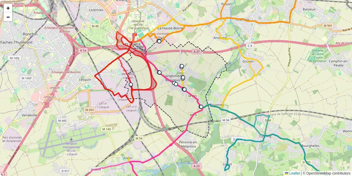 Carte du réseau de transport en commun à Sainghin-en-Mélantois - lignes de bus et arrêts