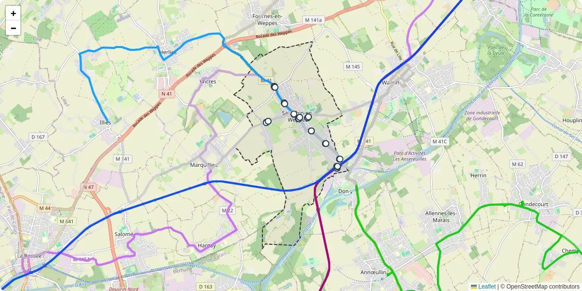 Carte du réseau de transport en commun à Sainghin-en-Weppes - lignes de bus et arrêts