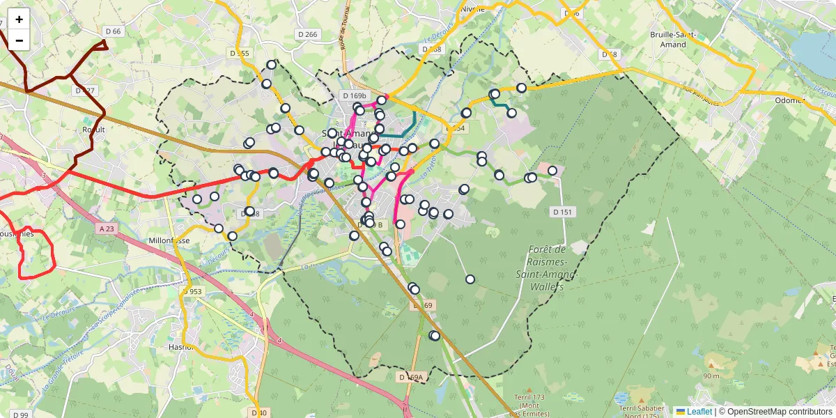 Carte du réseau de transport en commun à Saint-Amand-les-Eaux - lignes de bus et arrêts