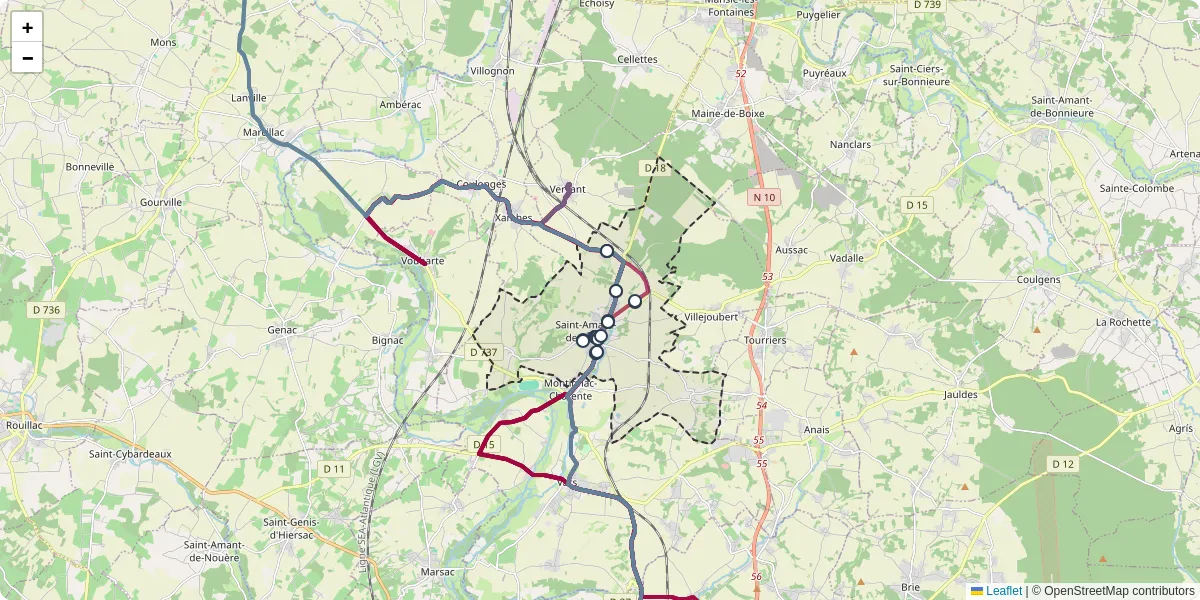 Carte du réseau de transport en commun à Saint-Amant-de-Boixe - lignes de bus et arrêts