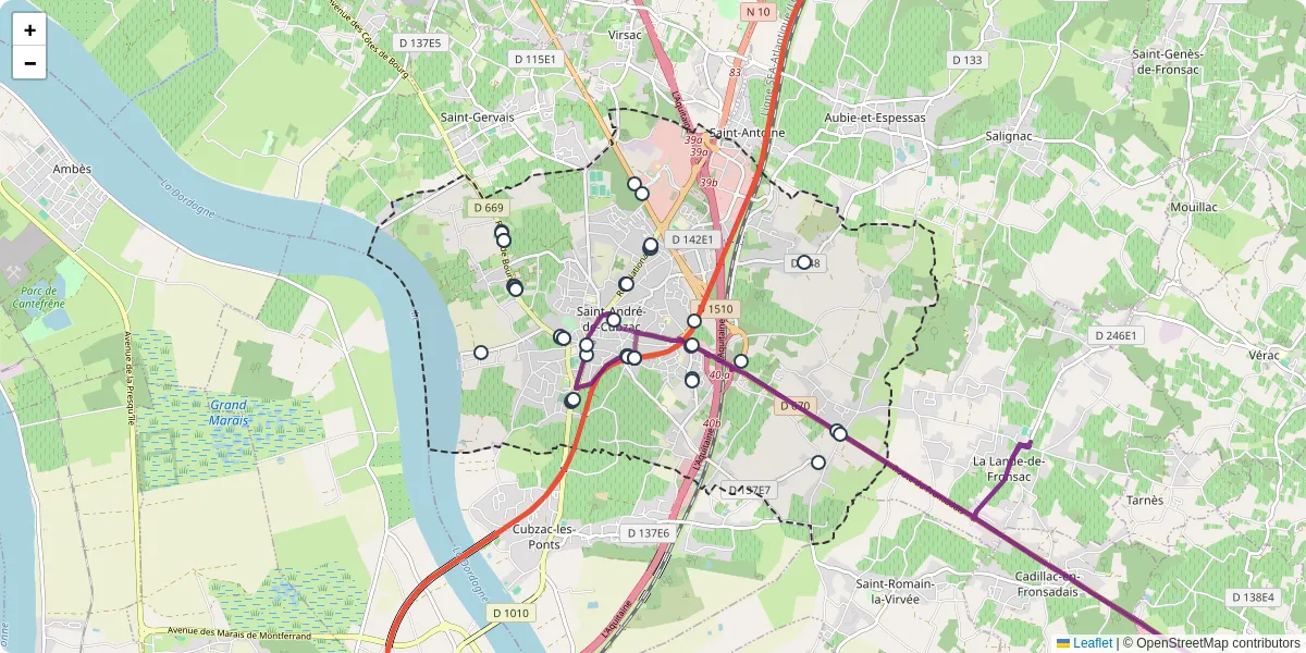 Carte du réseau de transport en commun à Saint-André-de-Cubzac - lignes de bus et arrêts