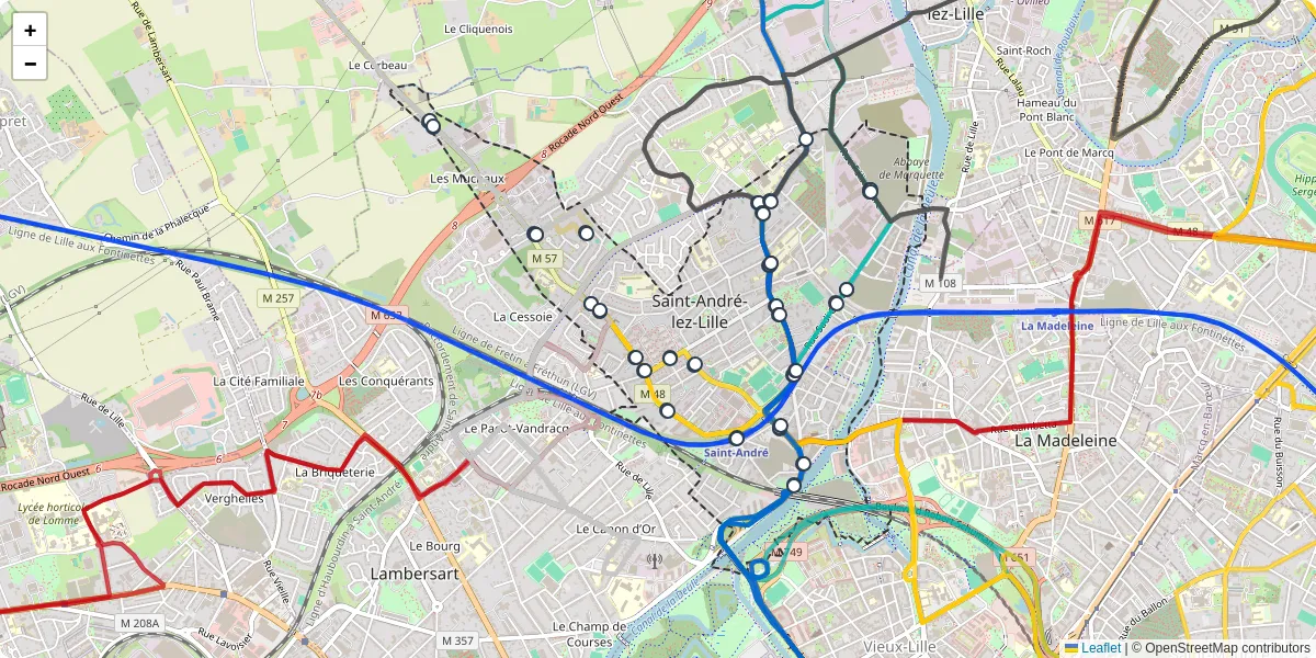 Carte du réseau de transport en commun à Saint-André-lez-Lille - lignes de bus et arrêts