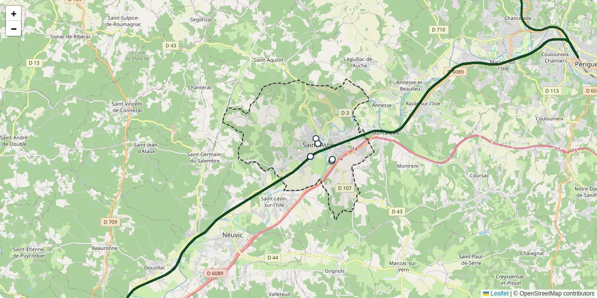 Carte du réseau de transport en commun à Saint-Astier - lignes de bus et arrêts