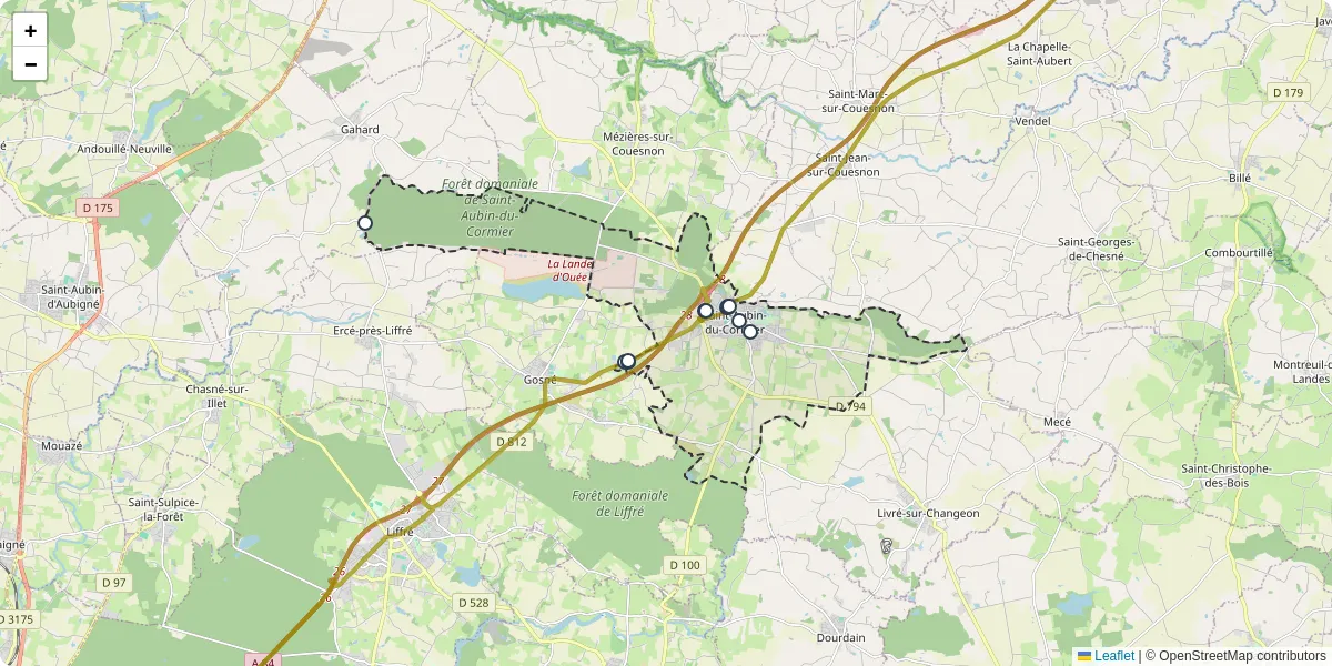 Carte du réseau de transport en commun à Saint-Aubin-du-Cormier - lignes de bus et arrêts