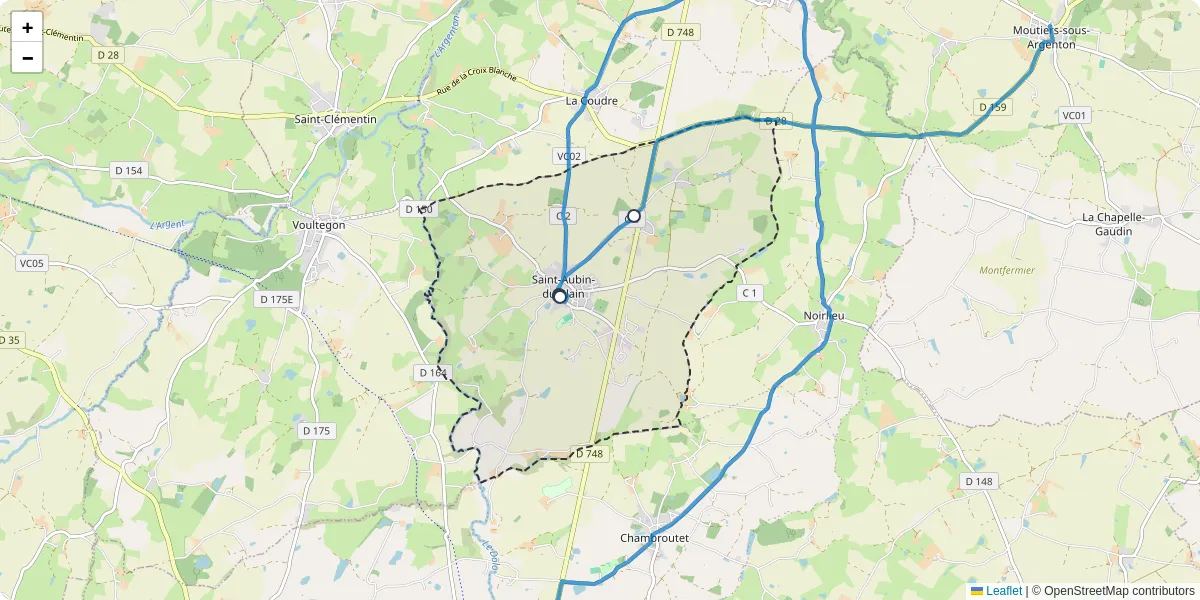 Carte du réseau de transport en commun à Saint-Aubin-du-Plain - lignes de bus et arrêts