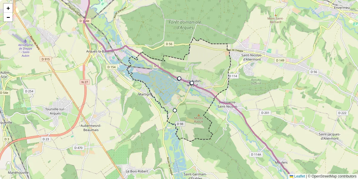 Carte du réseau de transport en commun à Saint-Aubin-le-Cauf - lignes de bus et arrêts