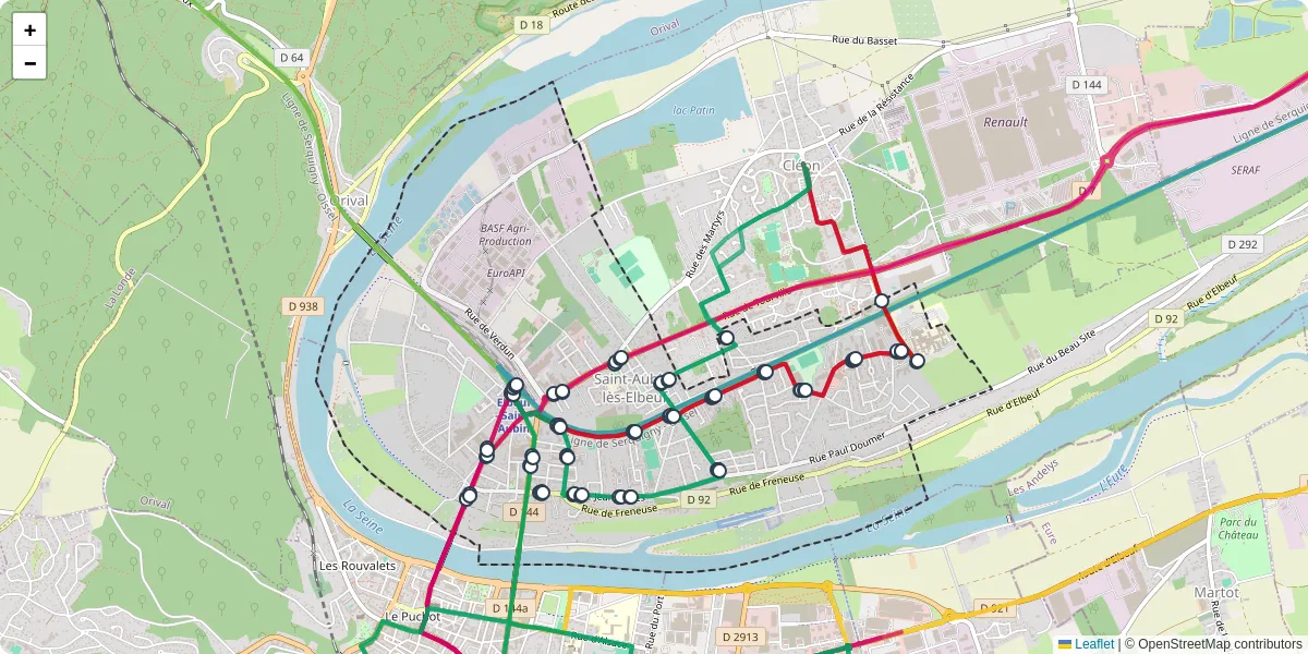 Carte du réseau de transport en commun à Saint-Aubin-lès-Elbeuf - lignes de bus et arrêts