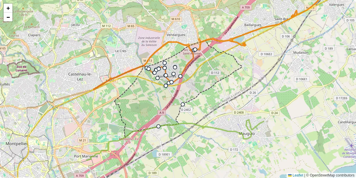 Carte du réseau de transport en commun à Saint-Aunès - lignes de bus et arrêts