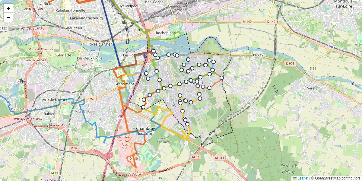 Carte du réseau de transport en commun à Saint-Avertin - lignes de bus et arrêts