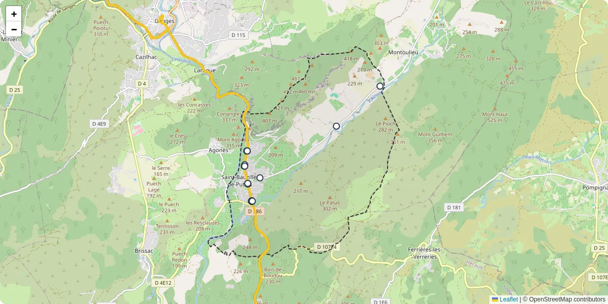 Carte du réseau de transport en commun à Saint-Bauzille-de-Putois - lignes de bus et arrêts
