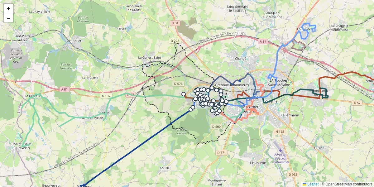 Carte du réseau de transport en commun à Saint-Berthevin - lignes de bus et arrêts