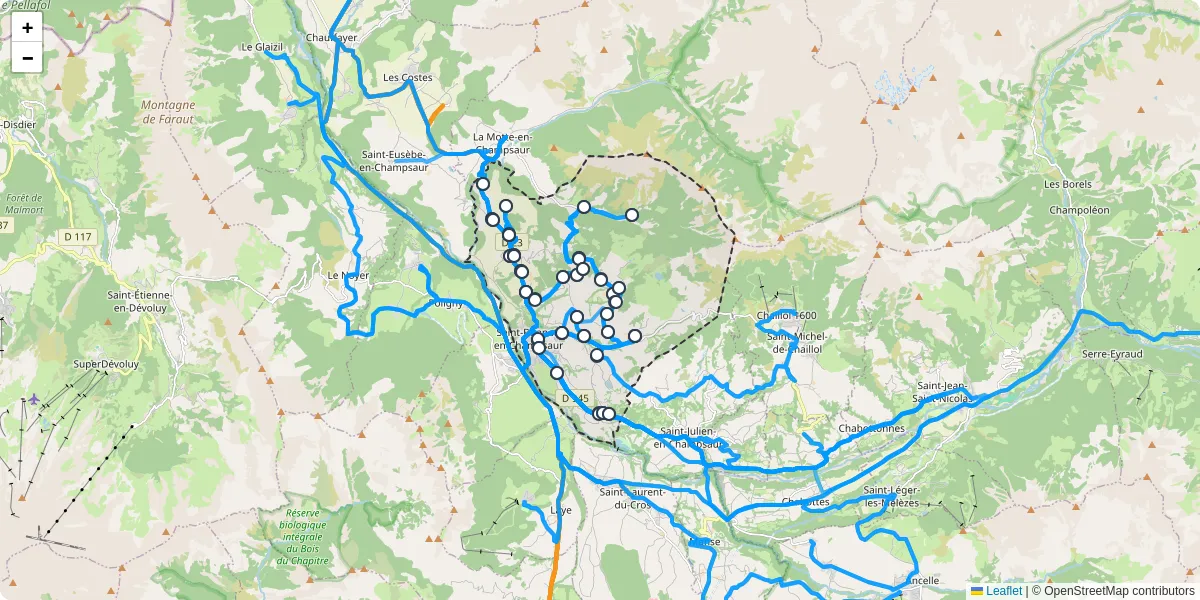 Carte du réseau de transport en commun à Saint-Bonnet-en-Champsaur - lignes de bus et arrêts