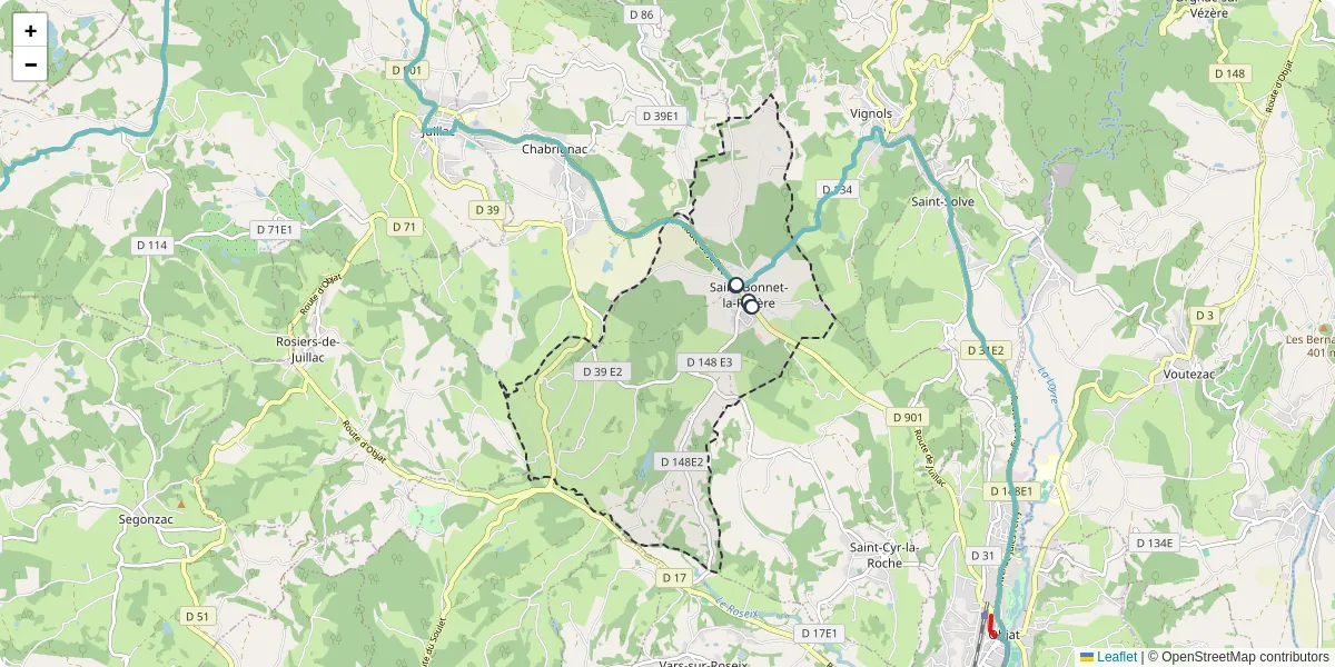 Carte du réseau de transport en commun à Saint-Bonnet-la-Rivière - lignes de bus et arrêts