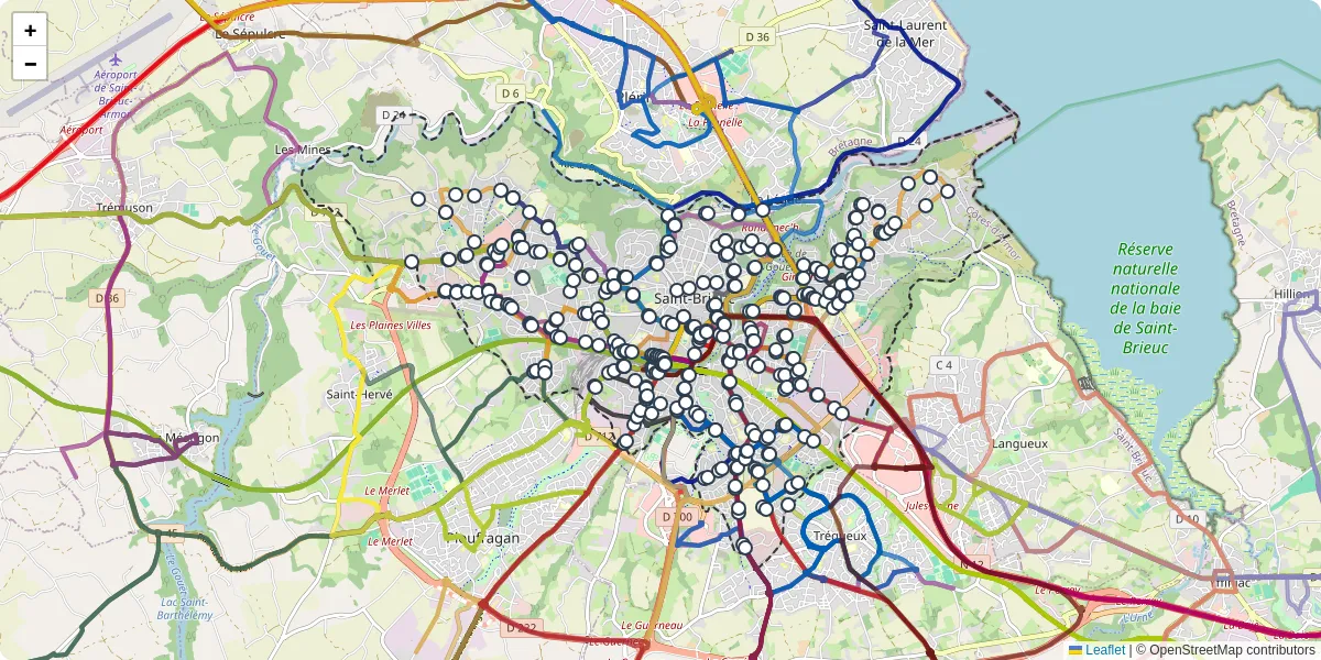 Carte du réseau de transport en commun à Saint-Brieuc - lignes de bus et arrêts